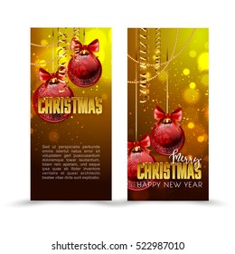 Christmas web banners set with red and gold ball and sparkle blurred background. Vector Illustration.