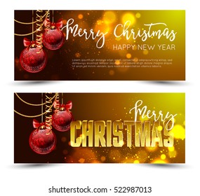 Christmas web banners set with red and gold ball and sparkle blurred background. Vector Illustration.