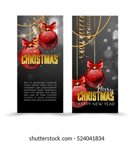Banderas web de Navidad ambientadas con bola roja y dorada y fondo espumoso. Ilustración vectorial.