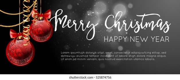 Christmas web banners set with red and gold ball and sparkle blurred background. Vector Illustration.