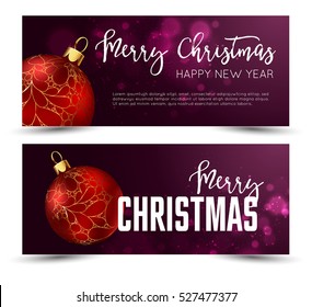 Christmas web banners set with red and gold ball and sparcle blurred background. Vector Illustration.
