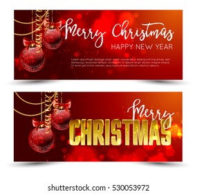 Christmas web banners set with red and gold ball and sparkle blurred background. Vector Illustration.
