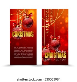 Weihnachtswebbanner mit rotem und goldenem Ball und hellunscharfem Hintergrund. Vektorgrafik.