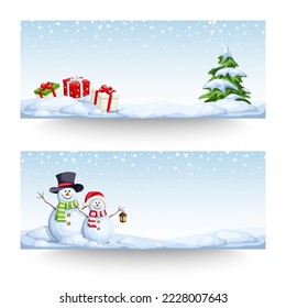 Christmas web banners with Christmas tree, gift boxes, snowmen, and snowfall. Vector illustration