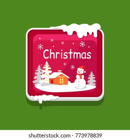 Christmas web button with winter scenary, house on snowy landscape with trees, download New Year concept. Website label, creative interface sign