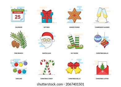 Christmas web concept stroke flat line icons isolated set. Happy New Year holiday bundle. Graphic linear symbols collection for website design. Vector conceptual pack outline pictograms for mobile app