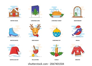 Christmas web concept stroke flat line icons isolated set. Holiday celebration bundle. Graphic linear symbols collection for website design. Vector conceptual pack outline pictograms for mobile app