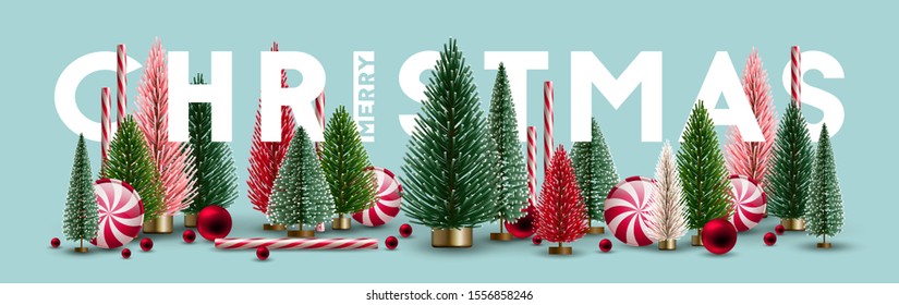 Christmas web headline with Christmas trees and candies. Elements for Christmas design.