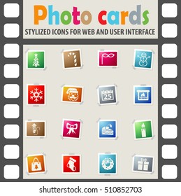 christmas web icons on color photo cards for user interface