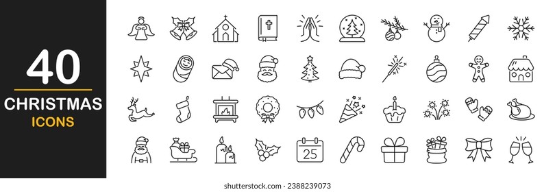 Christmas web icons set. Xmas - simple thin line icons collection. Containing winter celebration, holiday, gift, christmas tree, snowman, snow, bell and more. Simple web icons set