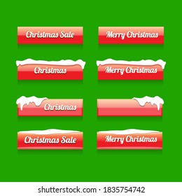 Christmas web red buttons set with snow cap isolated on green background. winter Christmas web buttons collection