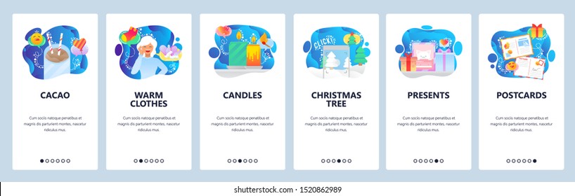 Christmas web site and mobile app onboarding screens. Menu banner vector template for website and application development with blue gradient shapes. Christmas tree, presents, warm clothes, postcards.