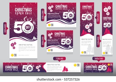 Christmas Website Advertising Banner Design Templates with 50% Discount Tag - Christmas Festival Online Marketing Web Banner Set