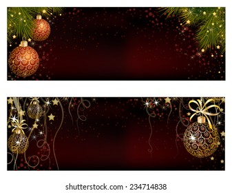 Christmas website banner set decorated with Xmas tree, jingle bell