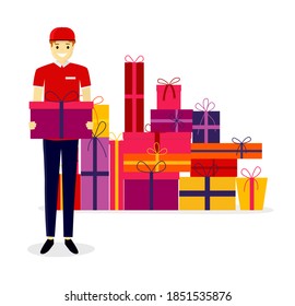 Christmas website banners gifts & Free, Fast delivery. Online shopping concept, receiving a parcel from a courier to a client isolated on bright background. Creative vector illustration.