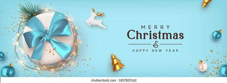 Christmas website header or banner, holiday poster. Merry Christmas and Happy New Year. Background Xmas design realistic gifts box, festive decorative objects. flat lay top view. Flyer, stylish