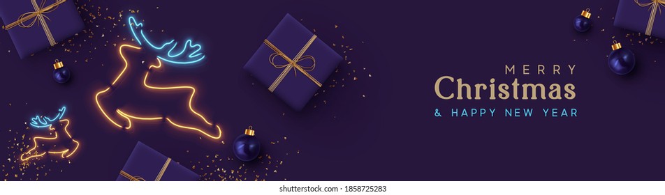 Christmas website header or banner, holiday poster. Xmas Background realistic gift box, bauble ball, glitter gold confetti, deer symbol neon light effect. Horizontal composition. Vector illustration