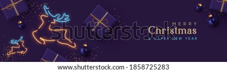 Christmas website header or banner, holiday poster. Xmas Background realistic gift box, bauble ball, glitter gold confetti, deer symbol neon light effect. Horizontal composition. Vector illustration