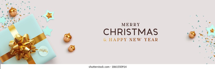 Christmas website header or banner. Xmas background design realistic gift box, gold 3d acorn, decor stars. glitter golden confetti. Horizontal  Happy New Year poster. vector illustration