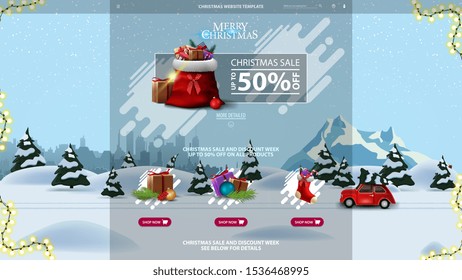 Christmas website template with discount banner with Santa Claus bag with presents and cartoon winter landscape with red vintage car carrying Christmas tree on the background