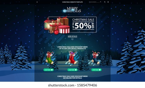 Christmas website template with discount banner, icons and night winter landscape with snow-covered pines on background