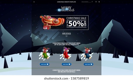 Christmas website template with discount banner with Santa Sleigh with presents, goods and winter landscape with snowy mountains on the horizon and blue starry sky