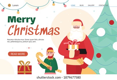 Christmas website template with Santa and his little helper elf, flat cartoon vector illustration on white background. Festive design for Xmas holidays.
