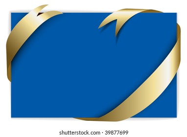 Christmas or wedding card - Golden ribbon around blank blue paper, where you should write your text