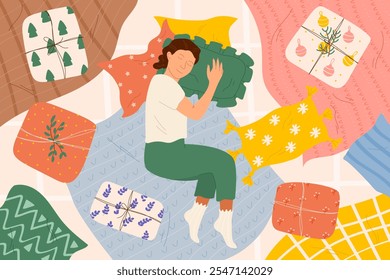 Christmas weekend. Woman morning sleeping. New Years waking. Happy holiday interior. Funny comfort in bed. Home holiday textiles. Xmas relax. Soft pillows. Girls Sweet dreaming. Vector garish concept