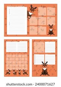 Christmas Weekly Monthly Daily Planner Reindeer Rudolph Cartoon Vector Character Set