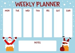 Christmas Weekly Planner With Cute Santa Claus. Winter Holiday Theme Timetable And Note Page. Class Schedule For School Students. Vector Illustration.