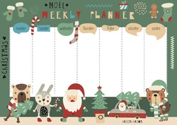 Christmas Weekly Planner For Kids – Woodland Animals And Santa Claus. Kids Schedule Design Template With Christmas Characters For Holidays. Vector Illustration.