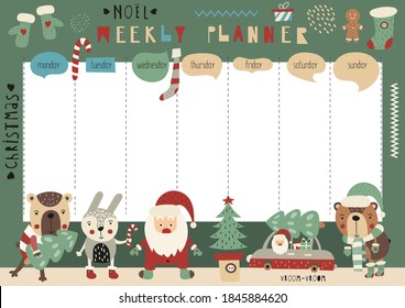 Christmas weekly planner for kids – woodland animals and Santa Claus. Kids schedule design template with Christmas characters for holidays. Vector illustration.