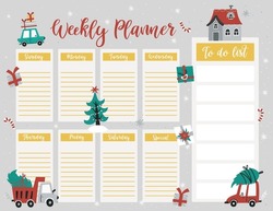 Christmas Weekly Planner Page Template, To Do List With Cute Cars In Cartoon Style