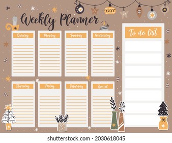 plantilla de página de planificación semanal de Navidad, para hacer una lista con elementos de Año Nuevo en estilo de caricatura