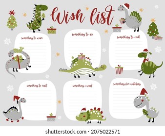 Christmas weekly planner page template, to do list with cute dinosaurs in cartoon style