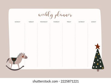 Christmas weekly planner. Stylish stationery template design. Flat vector cartoon style