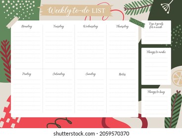 Christmas weekly planner. Weekly to-do list template. Vector abstract  illustration.