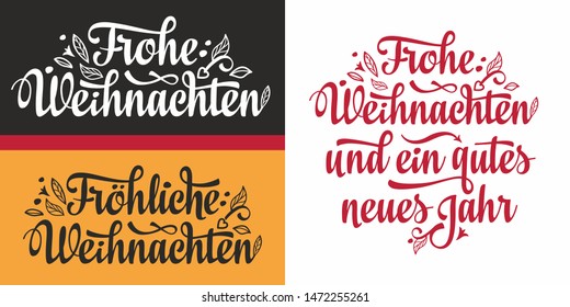 Christmas. Weihnachten. Noel. German Christmas in different languages. Deutsche holiday Weihnachtsfest - Frohe Weihnachten, neue Jahr, Neujahrstag. Xmas greeting card Weihnachtskarte. German lettering