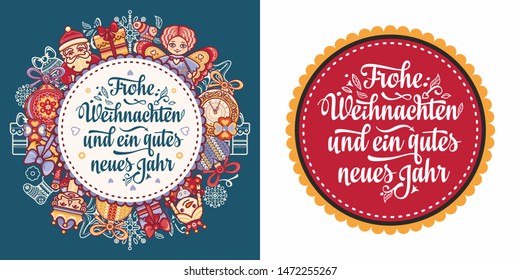 Christmas. Weihnachten. Noel. German Christmas in different languages. Deutsche holiday Weihnachtsfest - Frohe Weihnachten, neue Jahr, Neujahrstag. Xmas greeting card Weihnachtskarte. German lettering