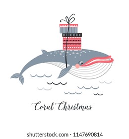 Christmas Whale caring presents boxes on his back, underwater Xmas concept card 