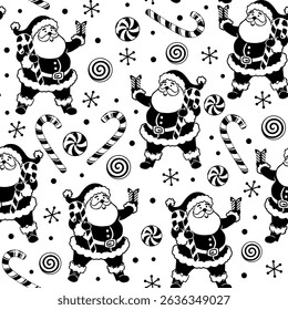 Christmas Whimsical Black and white Santa Claus with Candy cane and Peppermint Candy Seamless Pattern - Christmas Santa Vector Illustration