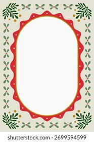 Christmas whimsical frame with a folk pattern of branch. Blank template for letters, cards, invitations, and social media.