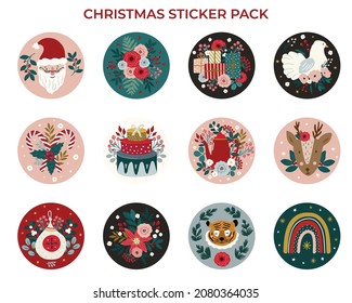 Christmas whimsical funny sticker pack, cute winter holidays sticker and gift tag collection isolated on white background. Christmas clipart