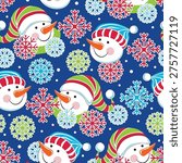 Christmas Whimsical Snowman Seamless Pattern with Snowflakes. Blue Background- Christmas Snowman Vector Illustration