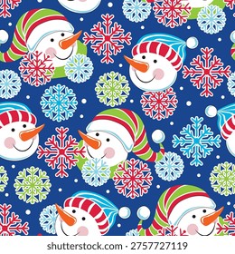 Christmas Whimsical Snowman Seamless Pattern with Snowflakes. Blue Background- Christmas Snowman Vector Illustration