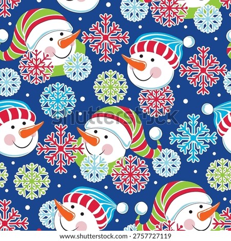 Christmas Whimsical Snowman Seamless Pattern with Snowflakes. Blue Background- Christmas Snowman Vector Illustration