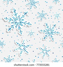 Christmas white background with paper, foil snowflakes of blue confetti, sparkles, glitter. Seamless pattern. Christmas design. Vector illustration. Elements for banner, design, card, invitation.