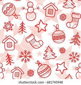 Christmas white background, red outline drawings, seamless, vector. Christmas balls, boots, stars and snowmen are drawn with thin red lines on a white background. 