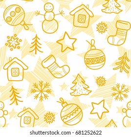 Christmas white background, yellow outline drawings, seamless, vector. Christmas balls, boots, stars and snowmen drawn with thin yellow lines on white background. 